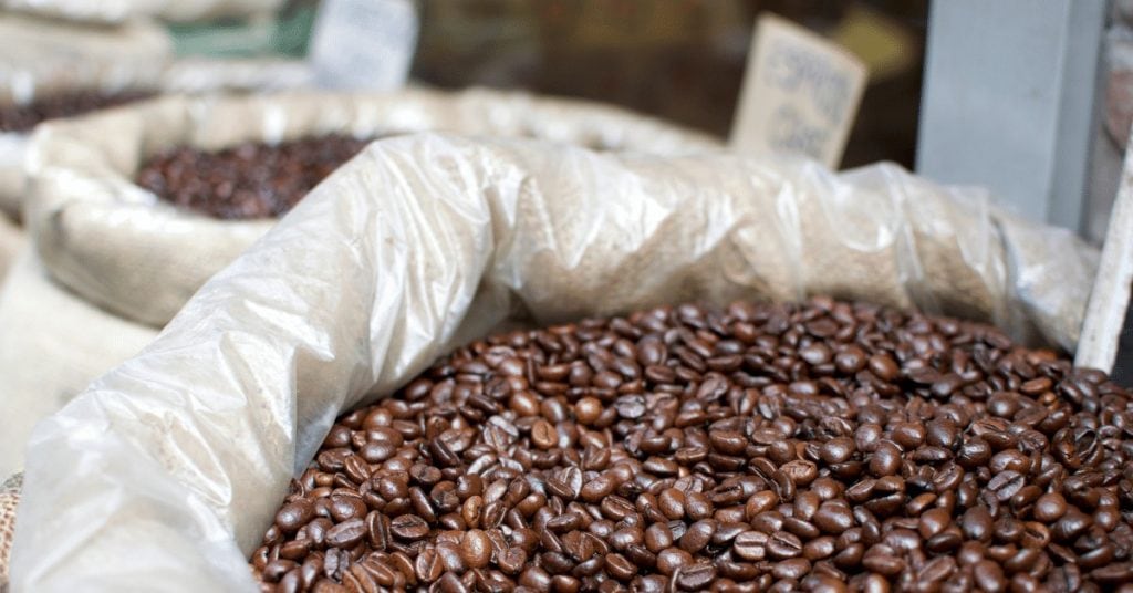 roasted coffee beans in sacks