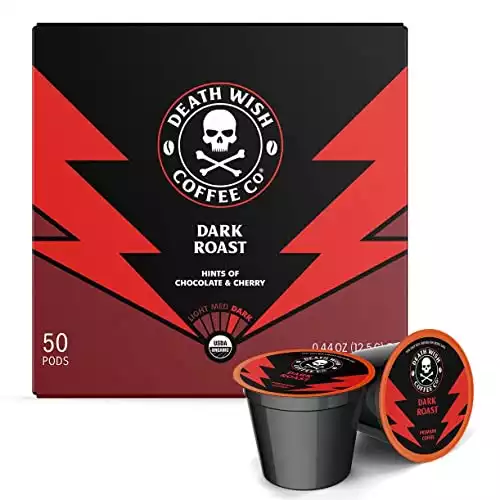 Death Wish Coffee Single Serve Pods - Extra Kick of Caffeine - Dark Roast Coffee Pods - Made with USDA Certified Organic, Fair Trade, Arabica and Robusta Beans (50 Count) - Packaging May Vary