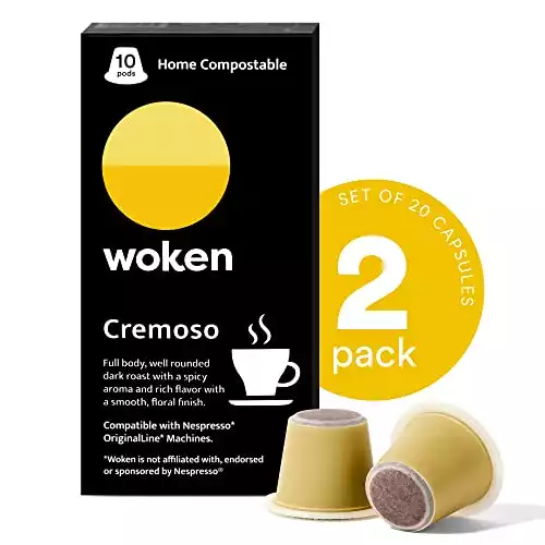 WOKEN COFFEE Compostable Nespresso Pods - Cremoso Dark Roast Italian Espresso Coffee Capsules Compatible With Nespresso Coffee Machine (20 Pod Count, 2 Boxes)