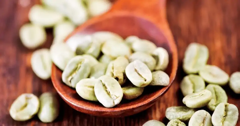 green coffee beans on wooden spoon