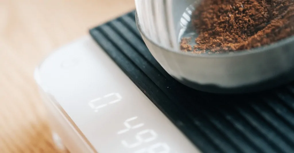 ground coffee in a vessel on a scale