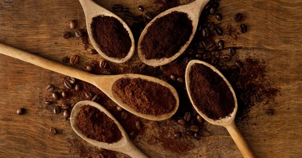 wooden spoons with ground coffee and whole beans on and around them