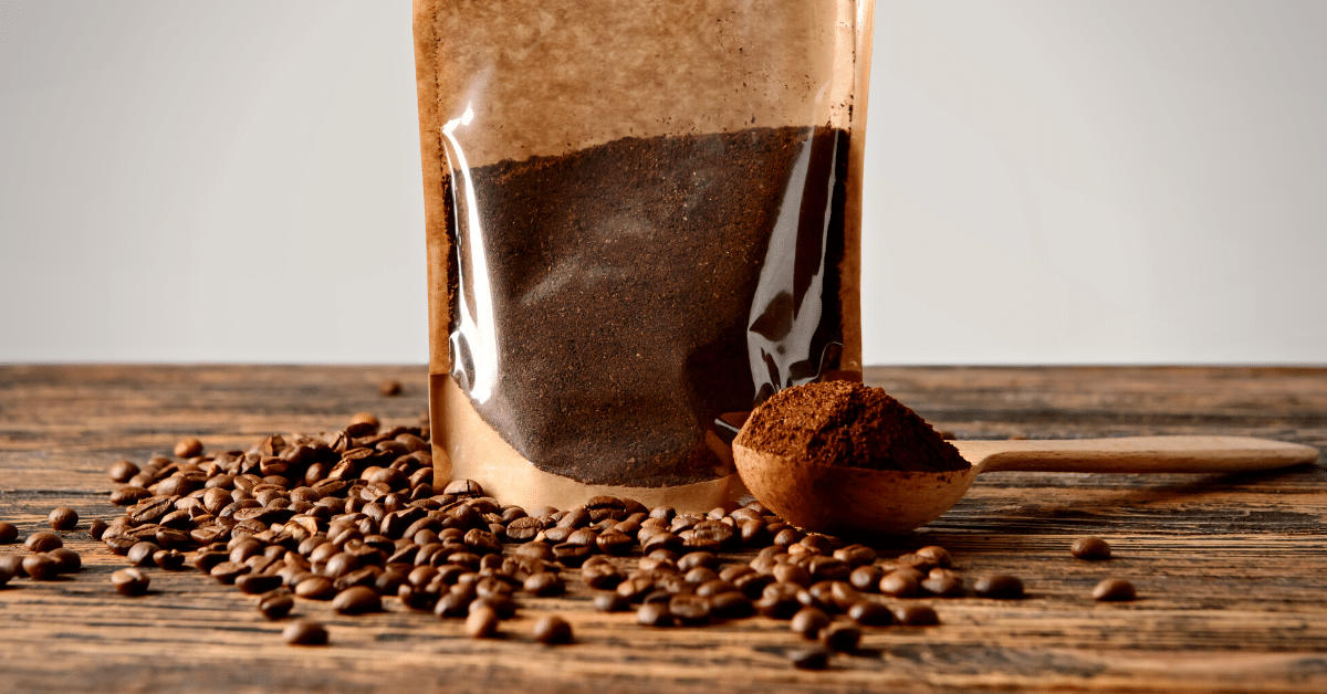 pack with coffee ground and coffee beans