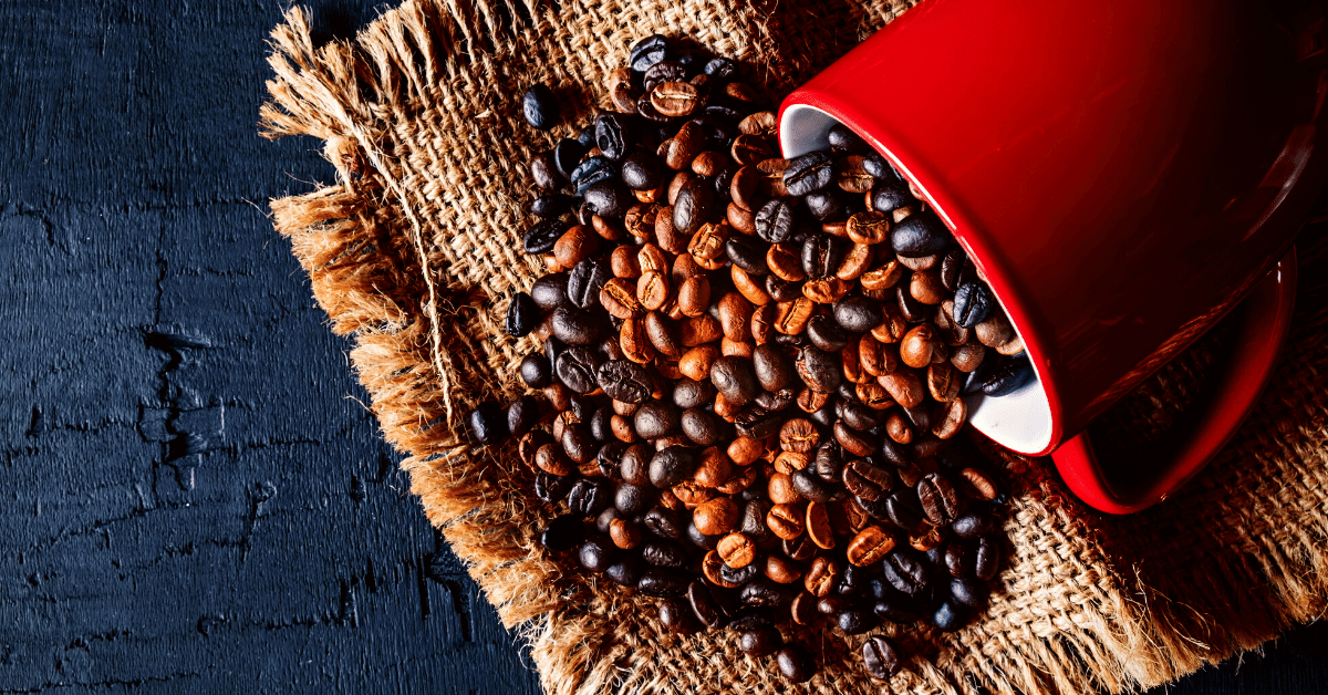 roasted coffee beans in red coffee cup