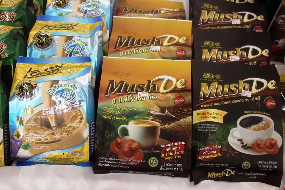 Assorted packets of Mush De brand herbal coffee powder infused with Reishi mushroom and said to be lower in caffeine and less acidic than regular coffee